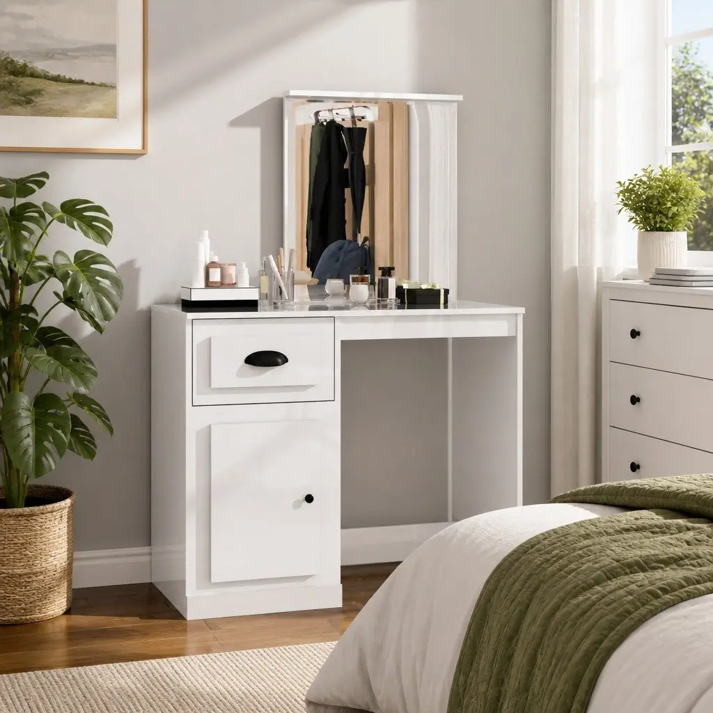 White High Gloss Vanity Unit with Integrated Mirror