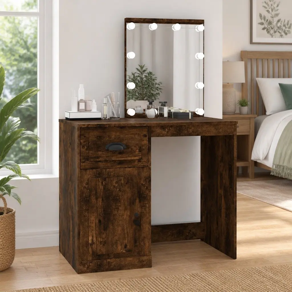 LED Mirror Dressing Table in Smoked Oak for Makeup Storage