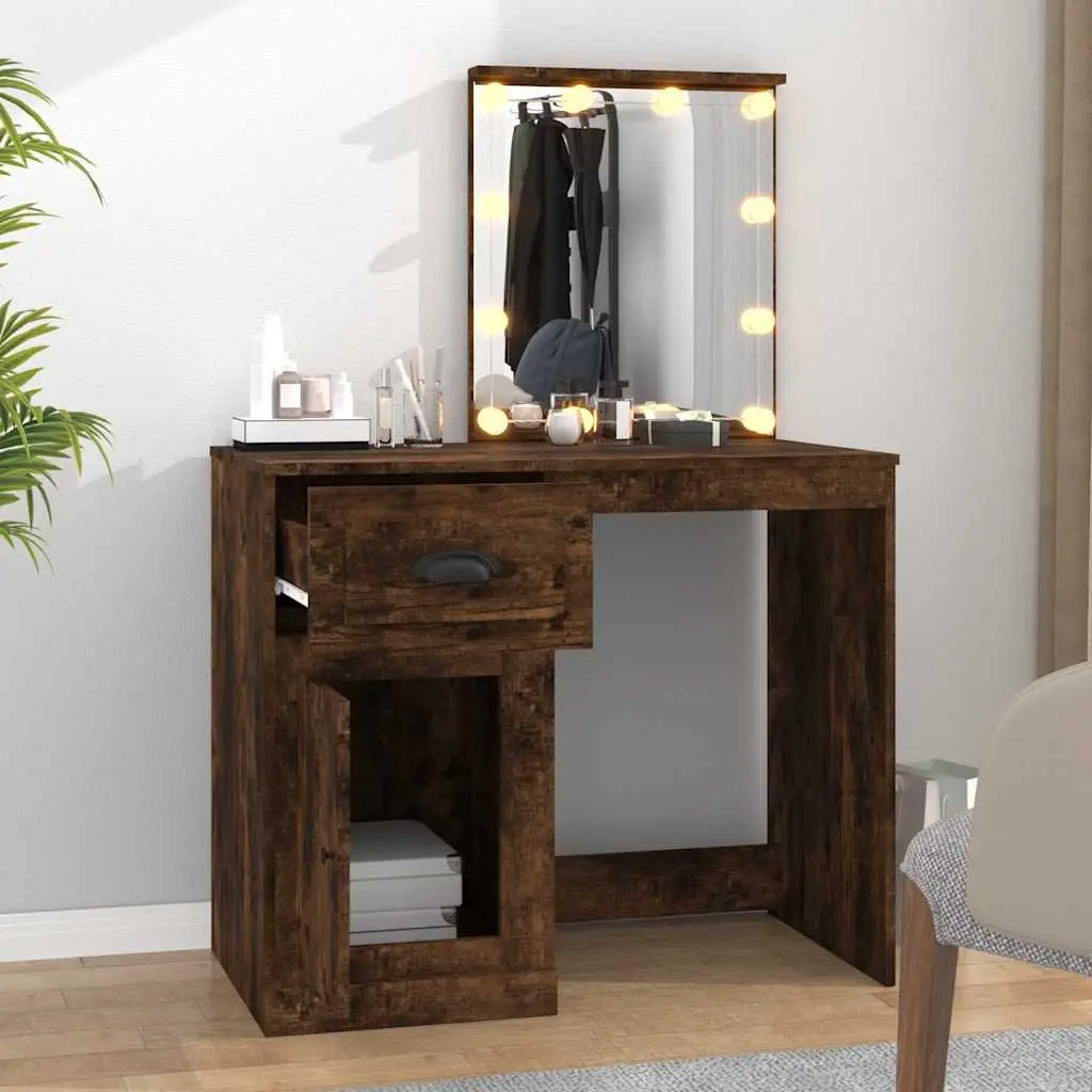 LED Mirror Dressing Table in Smoked Oak for Makeup Storage
