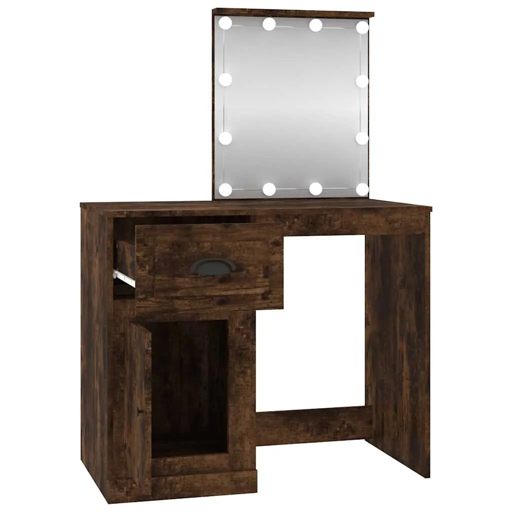 LED Mirror Dressing Table in Smoked Oak for Makeup Storage