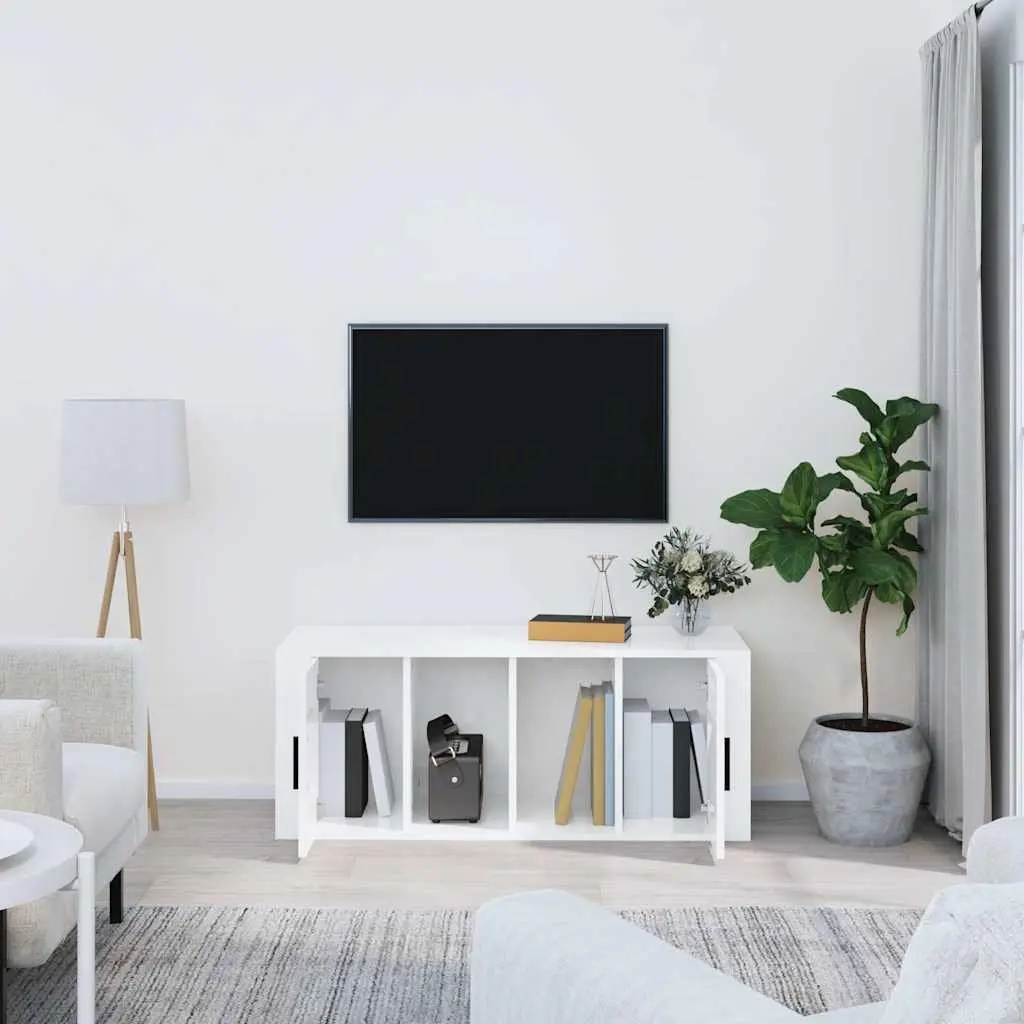 High Gloss White Media Storage Unit with 4 Compartments