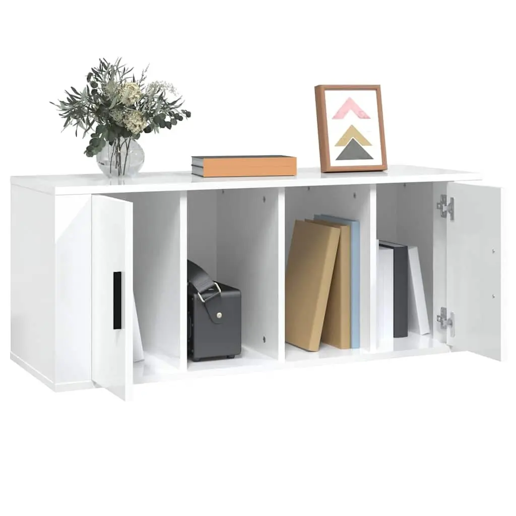High Gloss White Media Storage Unit with 4 Compartments