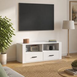 Durable White TV Cabinet 100x35x40 cm with Drawers