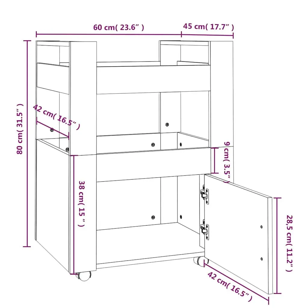White Kitchen Trolley Storage Organizer 60x45x80 cm