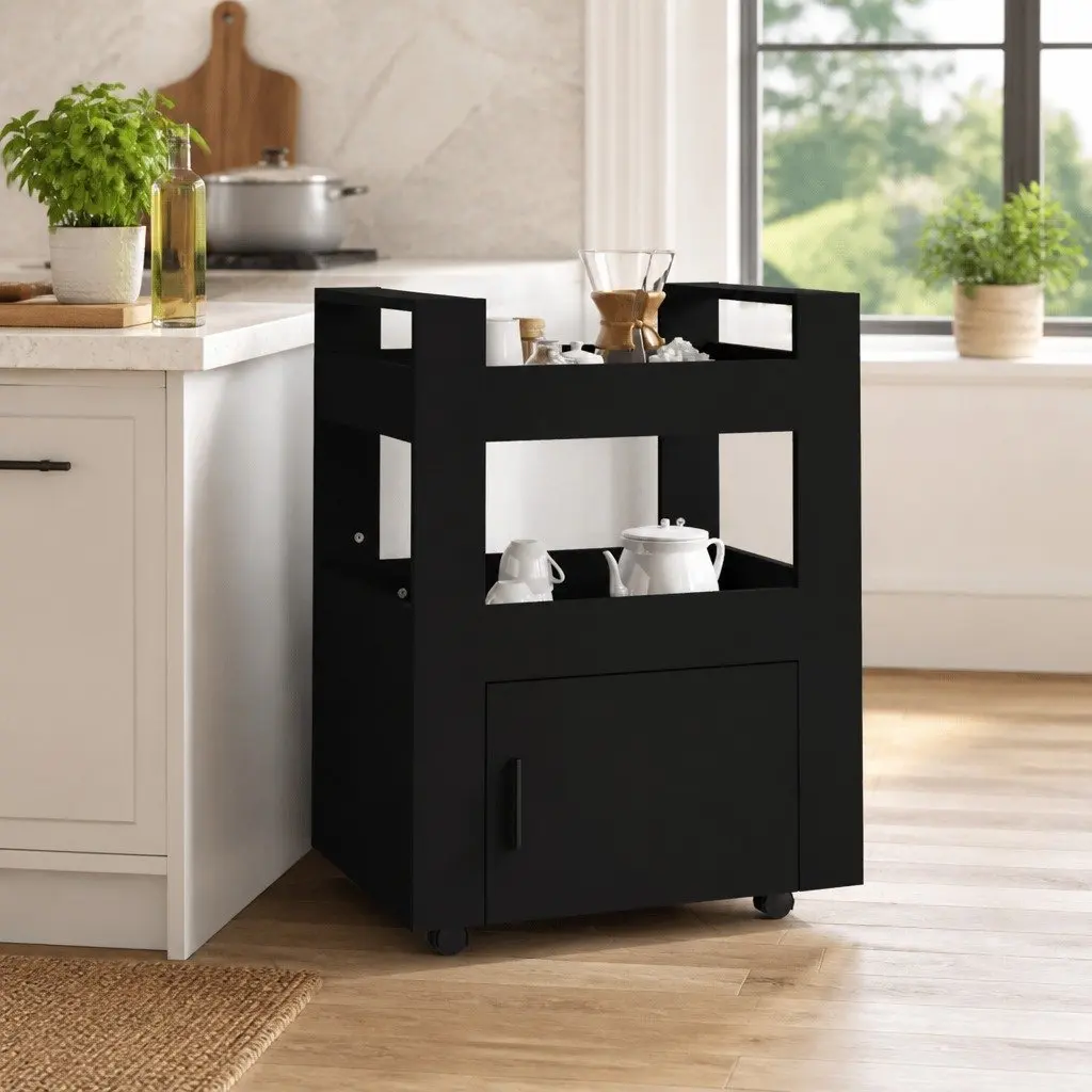 Black Kitchen Trolley with 2 Shelves and 4 Wheels