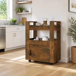 Robust Kitchen Trolley with 2 Shelves in Brown Wood
