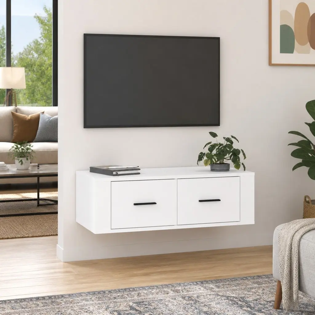 Hanging TV Cabinet Engineered Wood White Wall-Mounted Media Storage Unit 80 x 36 x 25 cm