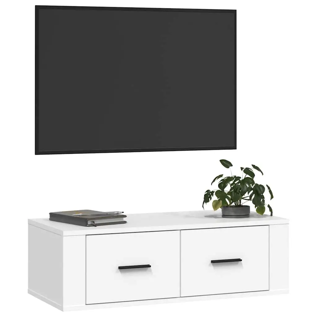 Hanging TV Cabinet Engineered Wood White Wall-Mounted Media Storage Unit 80 x 36 x 25 cm