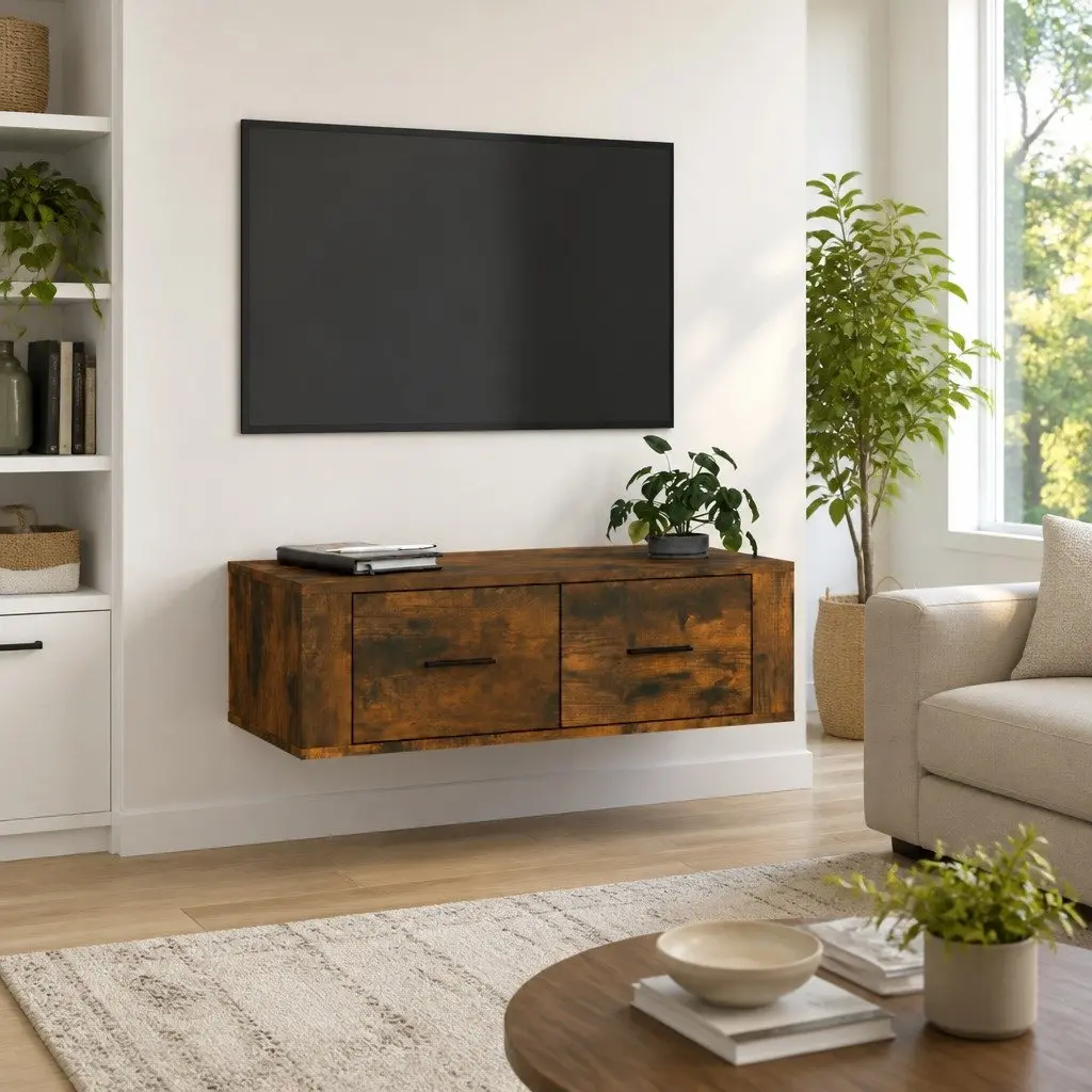 Wall-Mounted TV Cabinet in Brown Engineered Wood