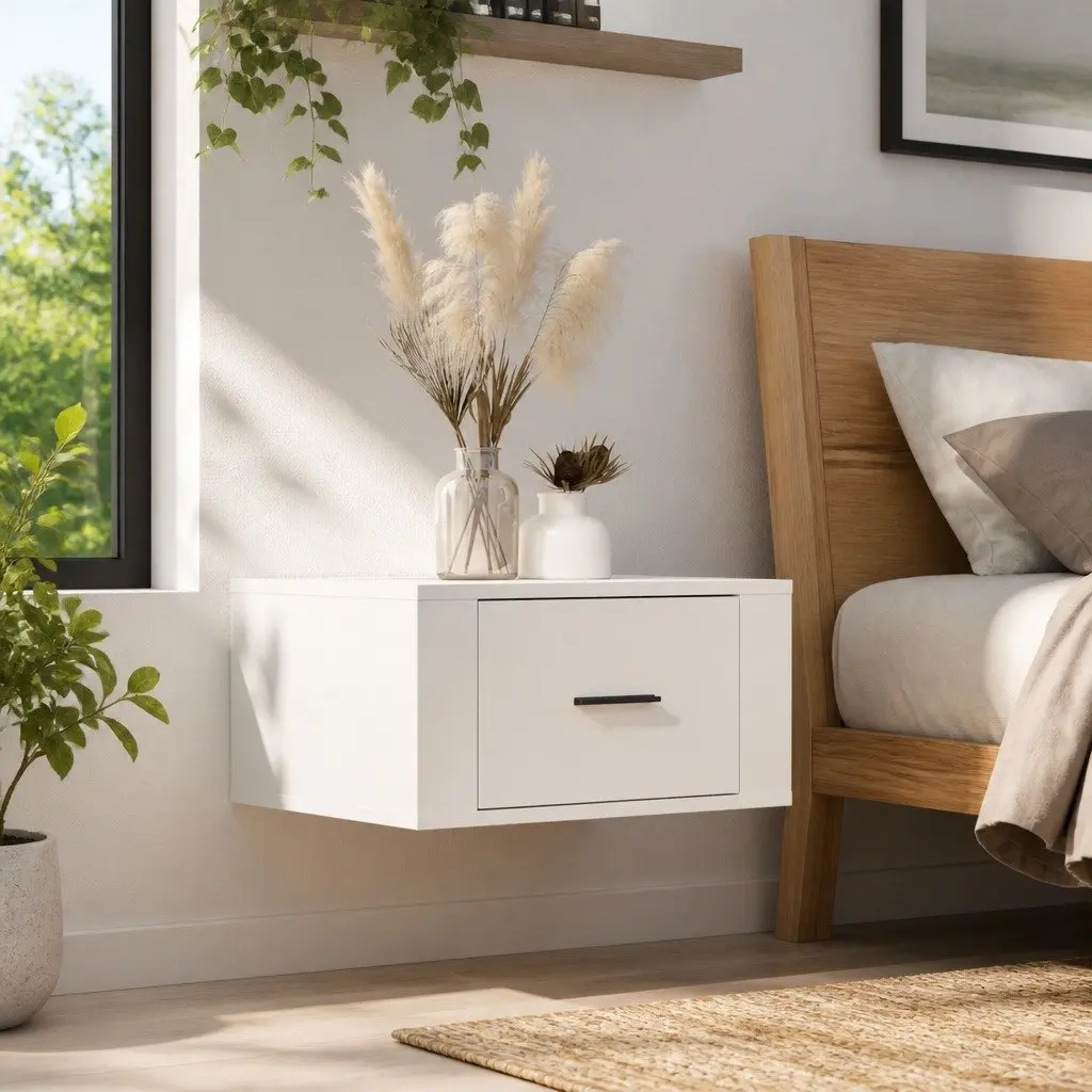 White Floating Bedside Cabinet with Ample Storage
