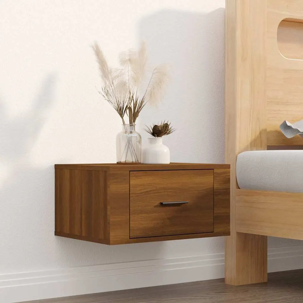 Wall-mounted Bedside Cabinets Set in Brown Oak