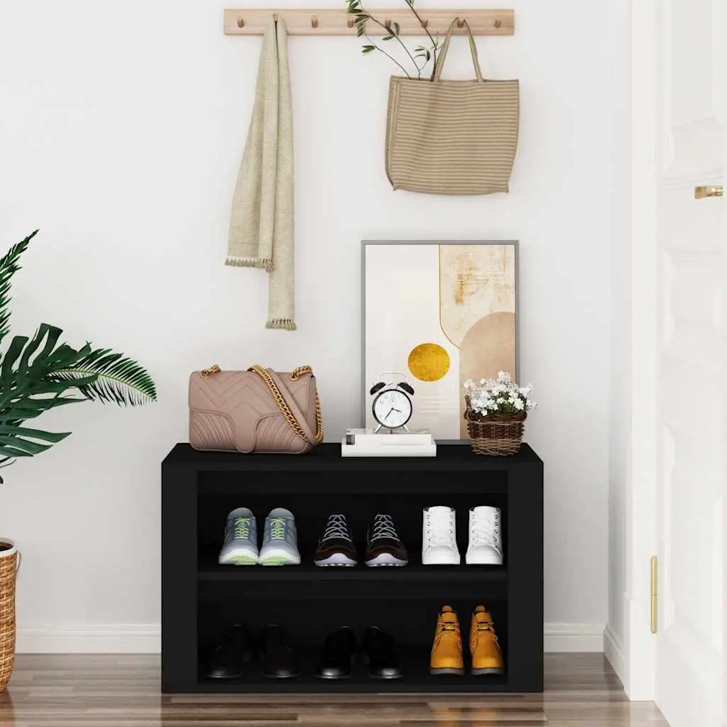Black Engineered Wood Shoe Rack with 2 Compartments