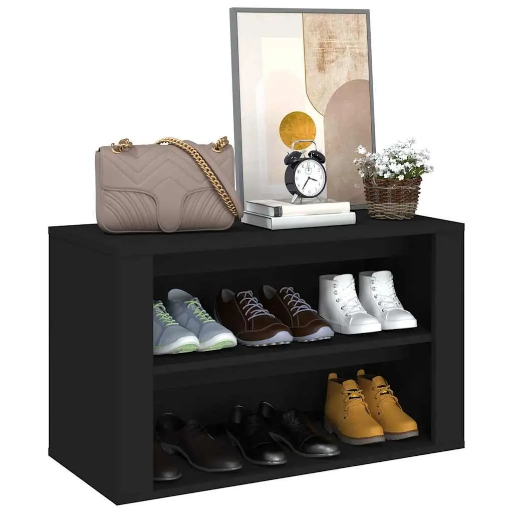 Black Engineered Wood Shoe Rack with 2 Compartments