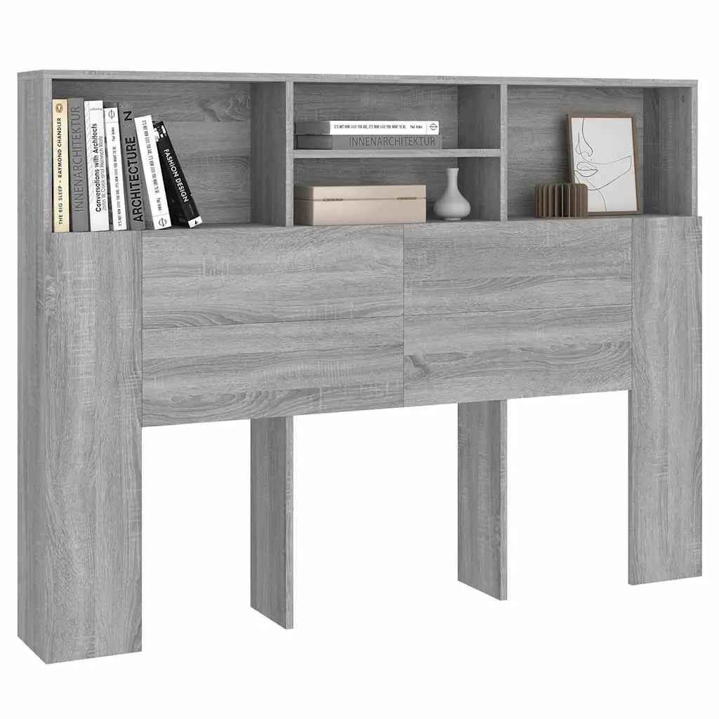Grey Headboard Cabinet 140 cm for Bedroom Storage