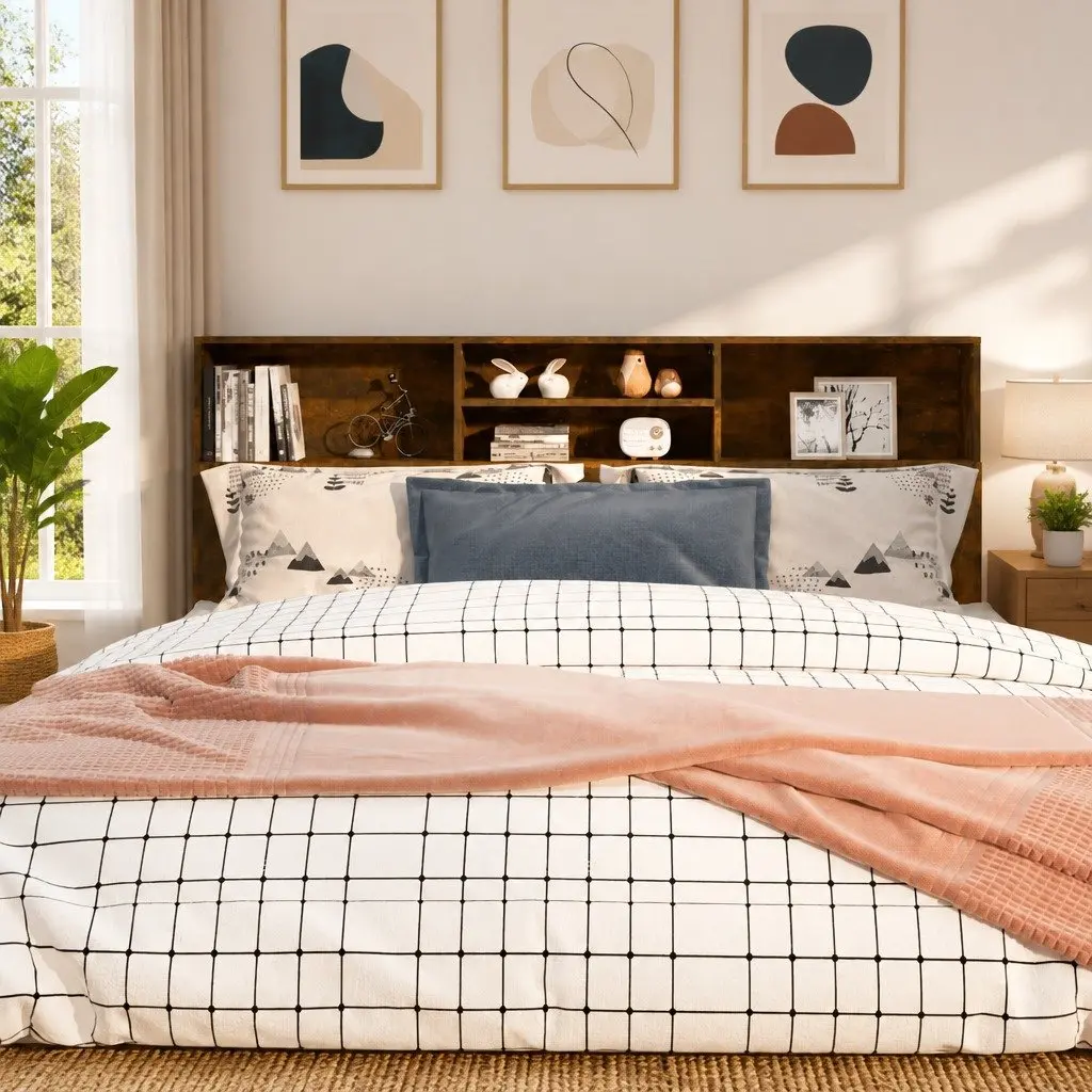 Brown Wall-Mounted Headboard Cabinet for Storage