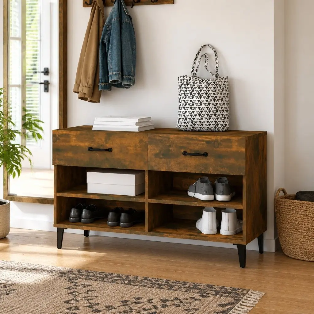 Brown Shoe Cabinet with 2 Drawers and 4 Compartments