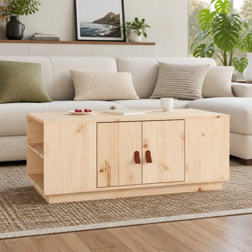 Brown Solid Pine Wood Coffee Table with Storage Compartment