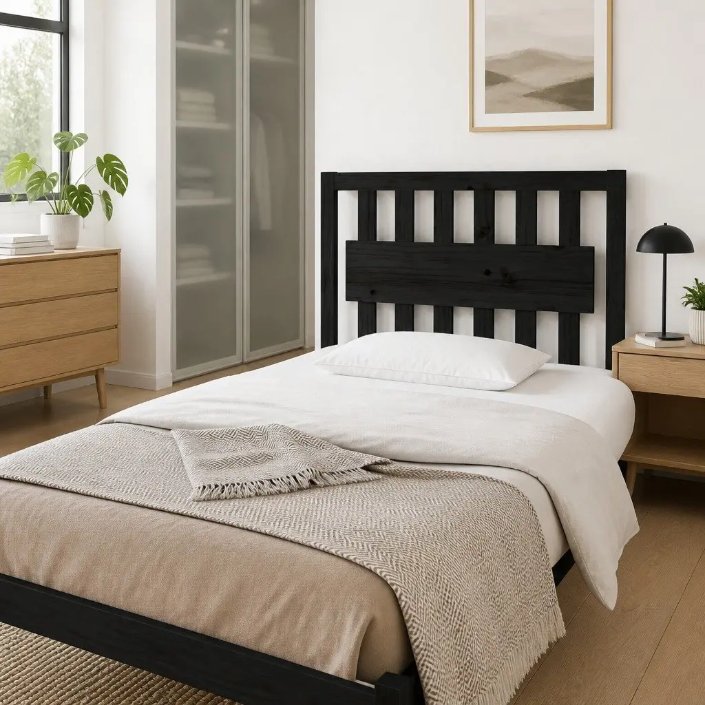 Bed Headboard 95.5cm Black Solid Pine Wood Rustic Wooden Bedroom Backrest