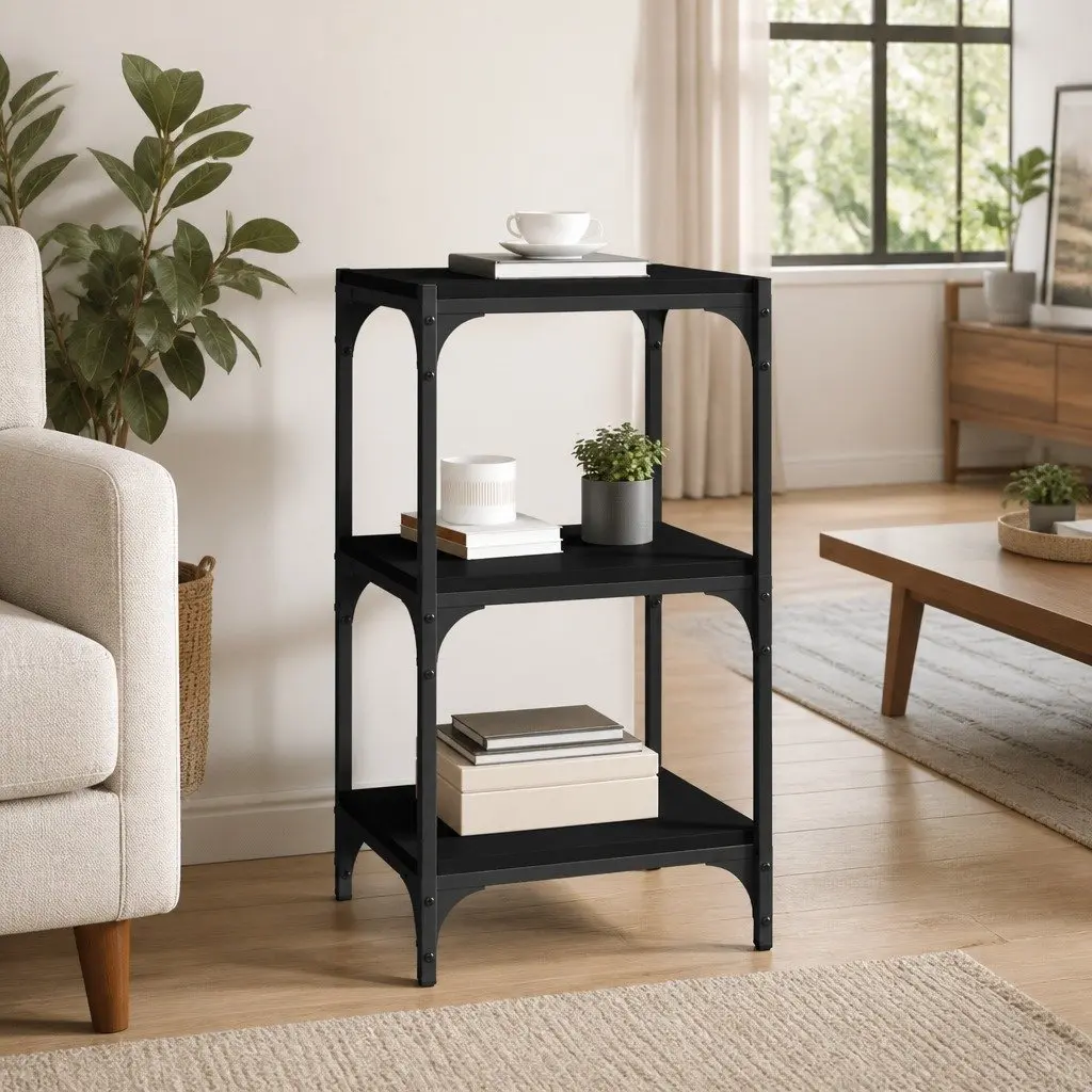 Book Cabinet Engineered Wood Steel Frame 3-Tier Black Storage Shelf