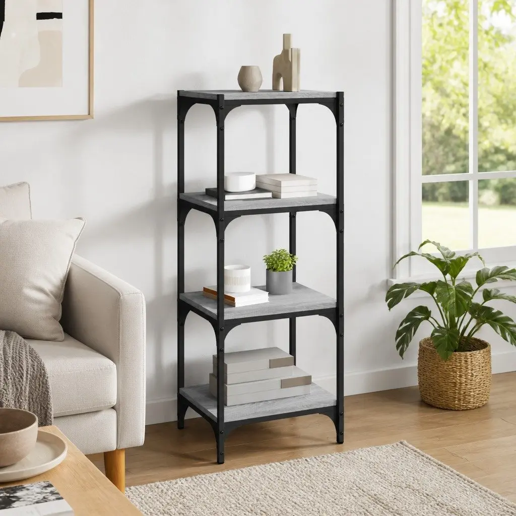 Book Cabinet Engineered Wood Steel Frame 4 Shelf Grey