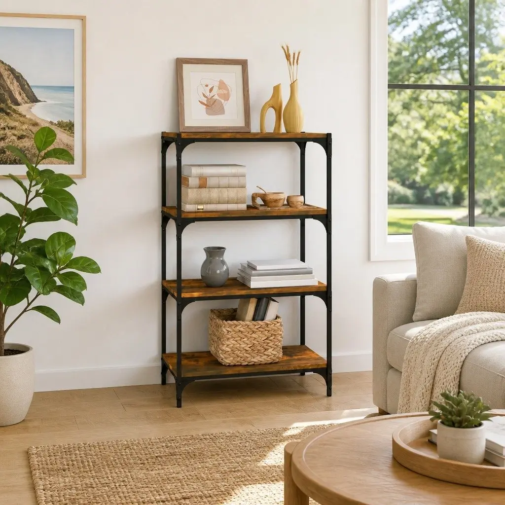 Book Cabinet Engineered Wood Steel 60W x 33D x 100H cm Brown 4 Shelves Industrial Style Storage Organiser TV Stand