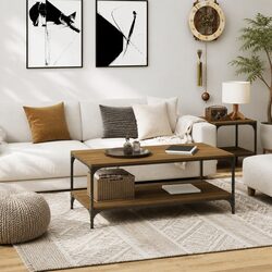 Brown Oak Coffee Table with Storage and Steel Frame