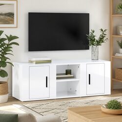 TV Cabinet High Gloss White Media Storage Unit with 4 Compartments Engineered