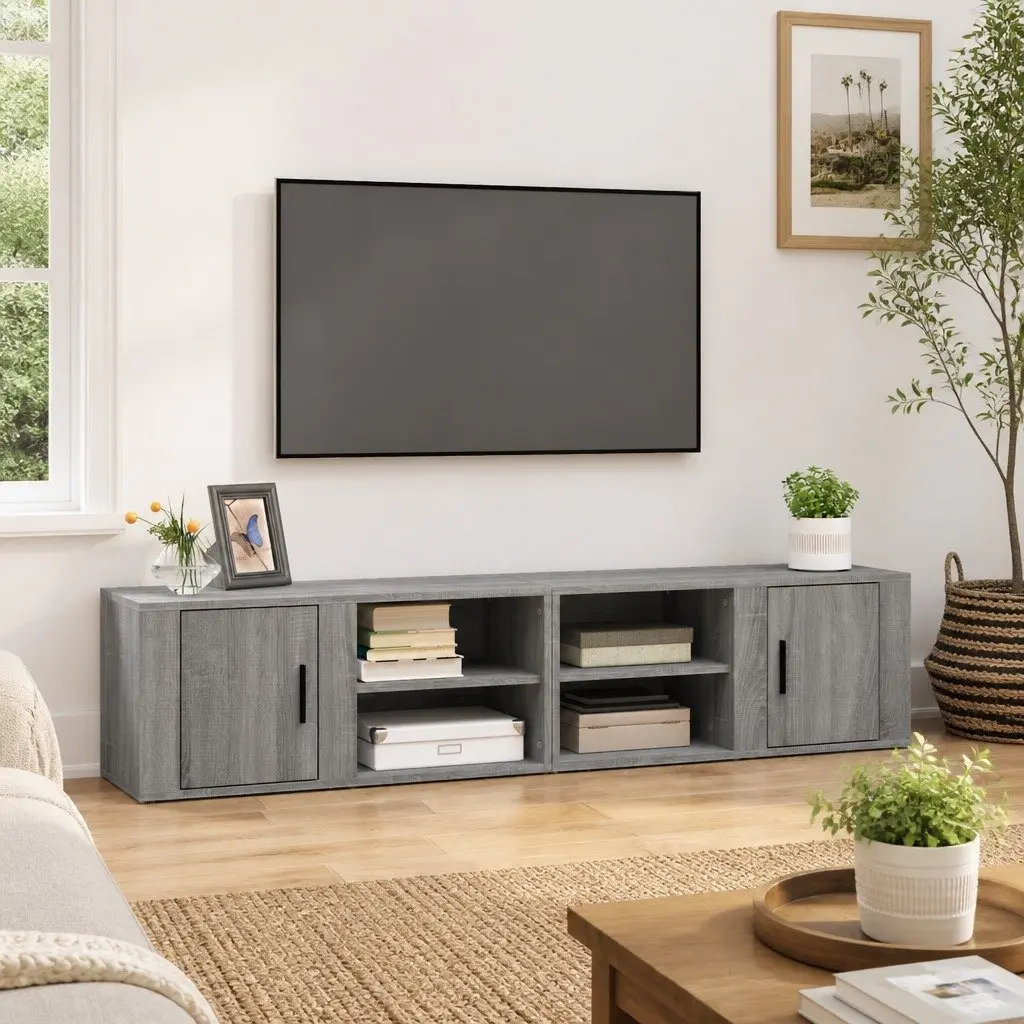 TV Cabinets Engineered Wood 80 x 31.5 x 36 cm Grey 2 Piece Media Storage Unit with Doors Compartments