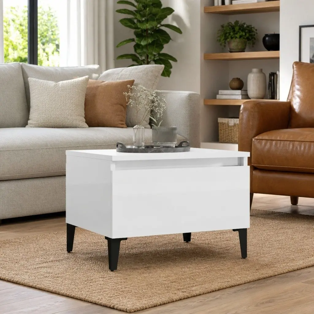 High Gloss White End Table with Storage Drawer