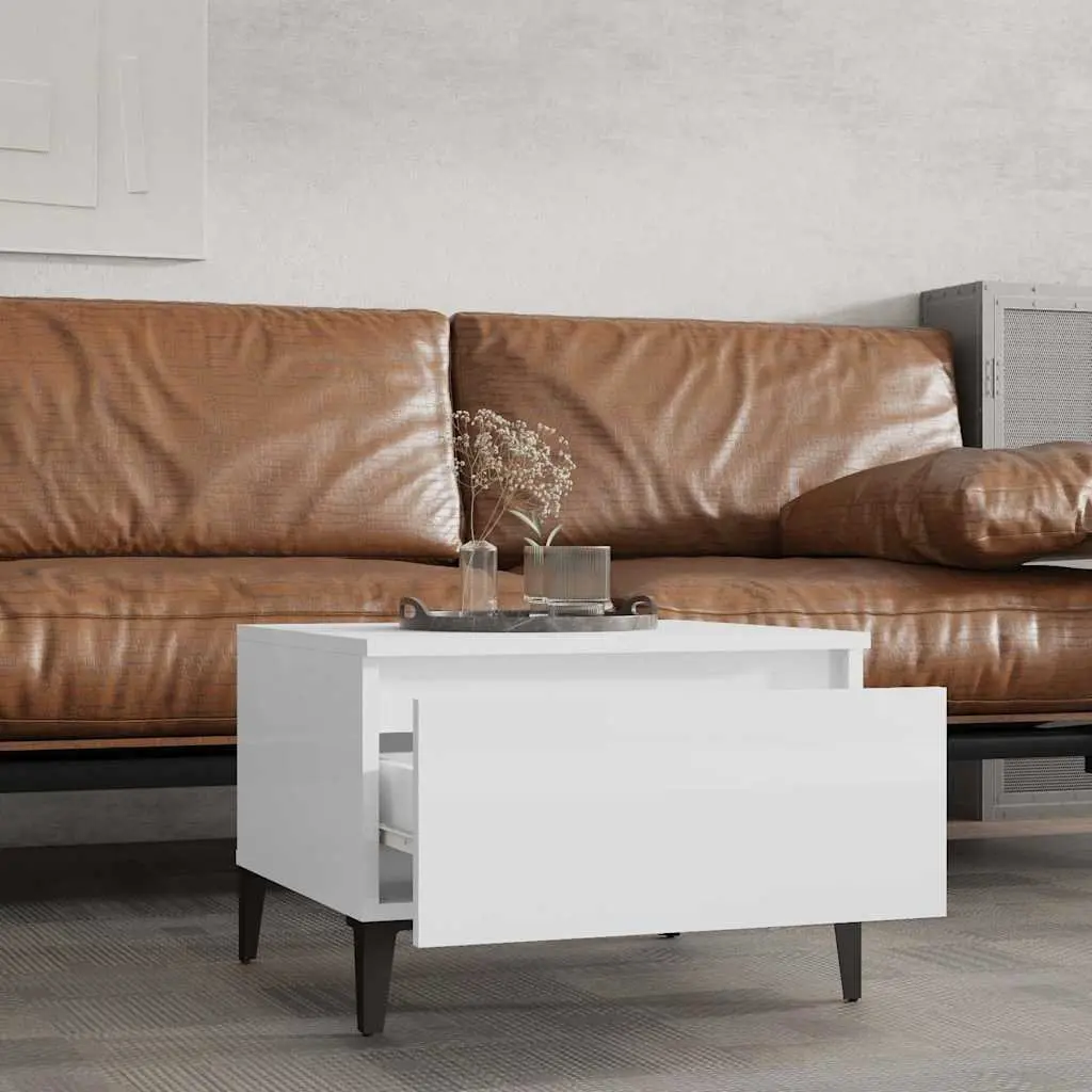 High Gloss White End Table with Storage Drawer