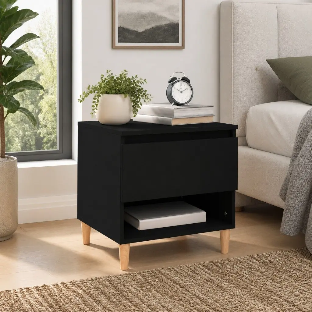 Black Engineered Wood Bedside Table with Storage