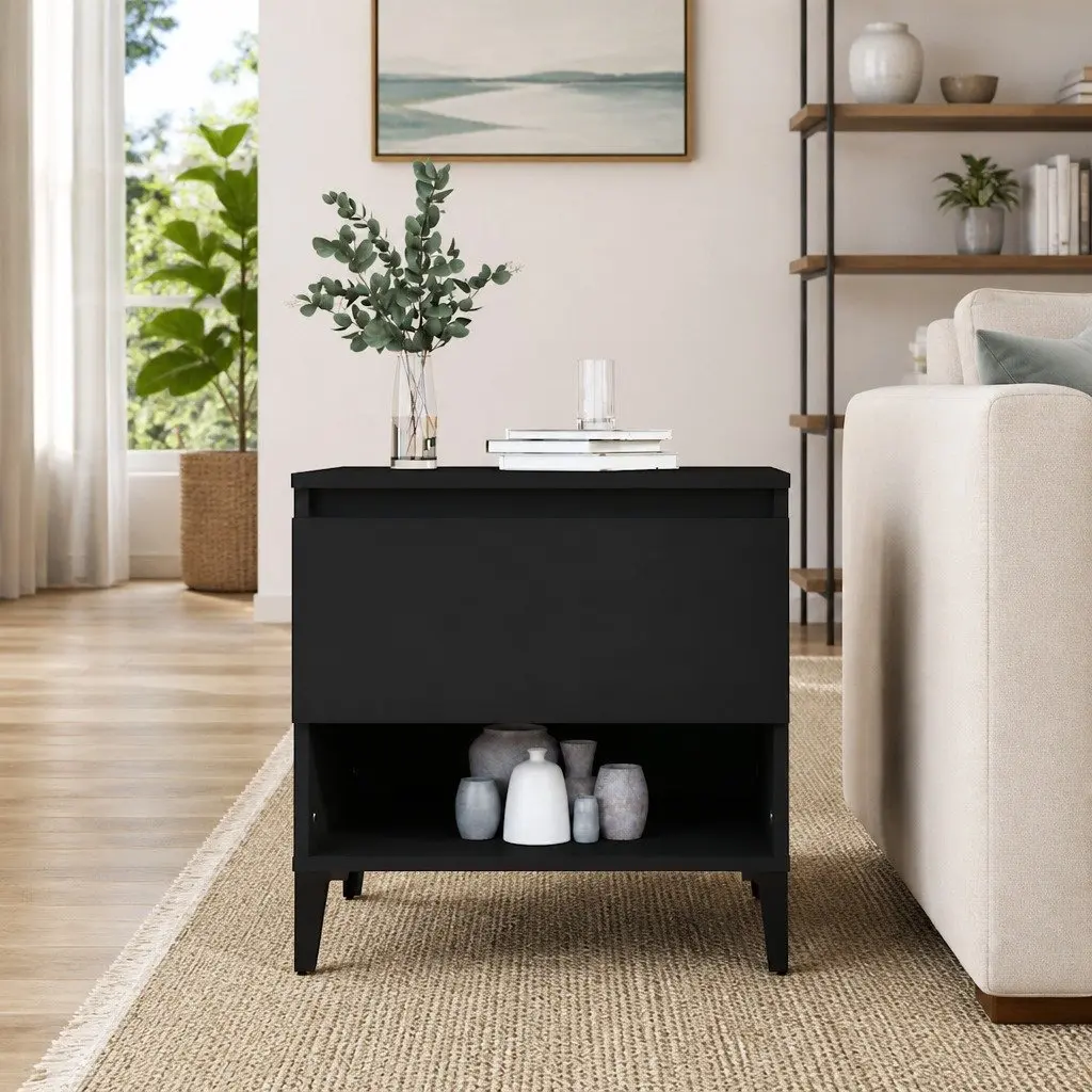 Industrial Black Side Table with Drawer Storage