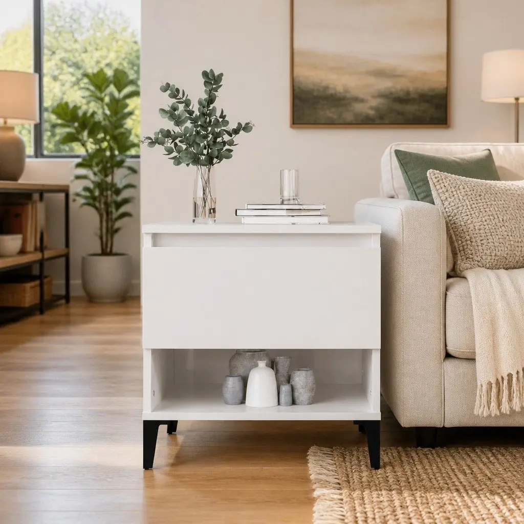 High Gloss White End Table with Storage Drawer