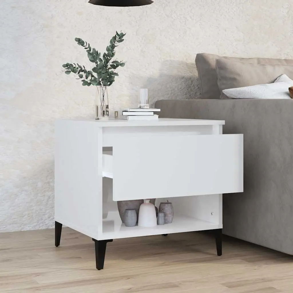 High Gloss White End Table with Storage Drawer