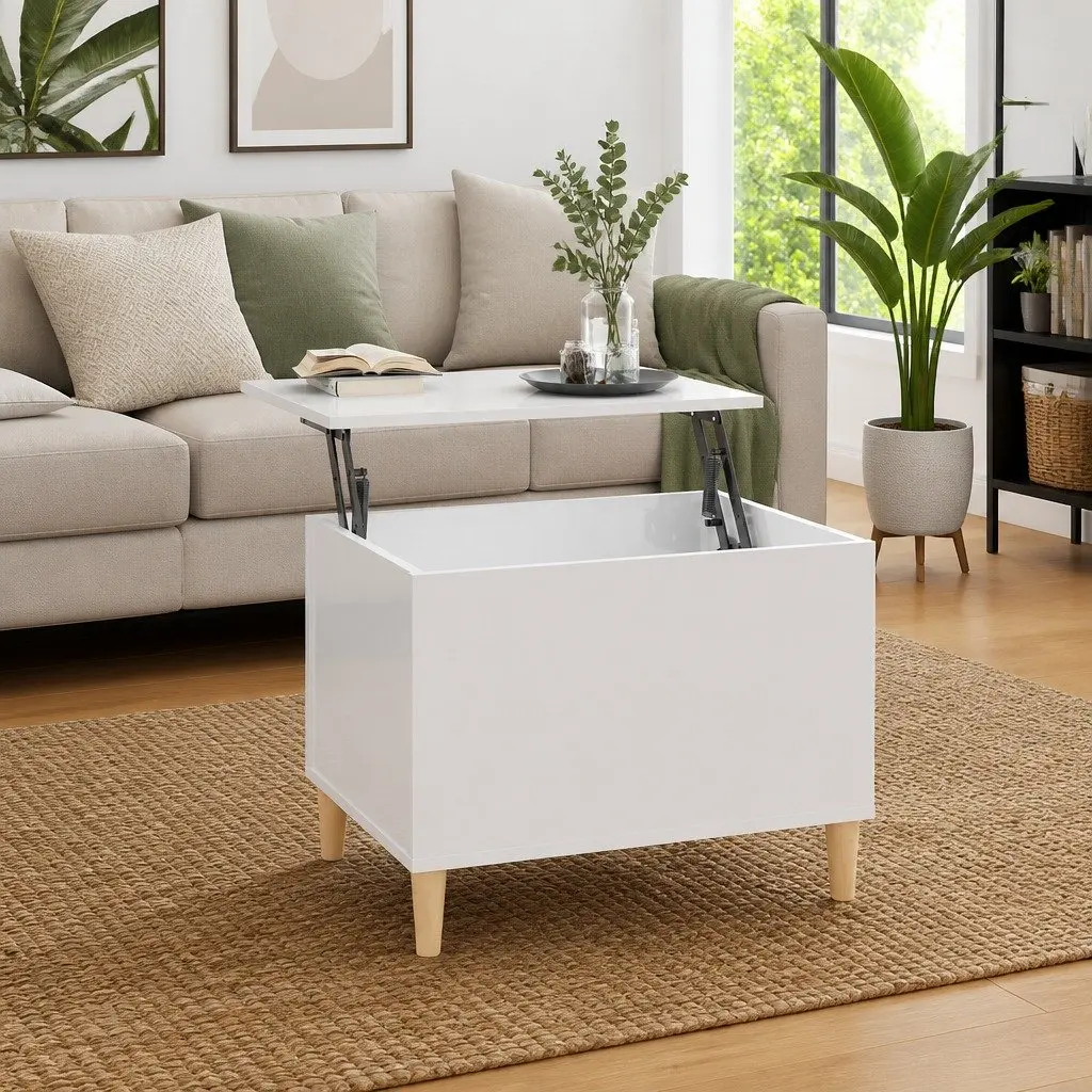 Coffee Table Lift Top White High Gloss Engineered Wood Storage Compartment