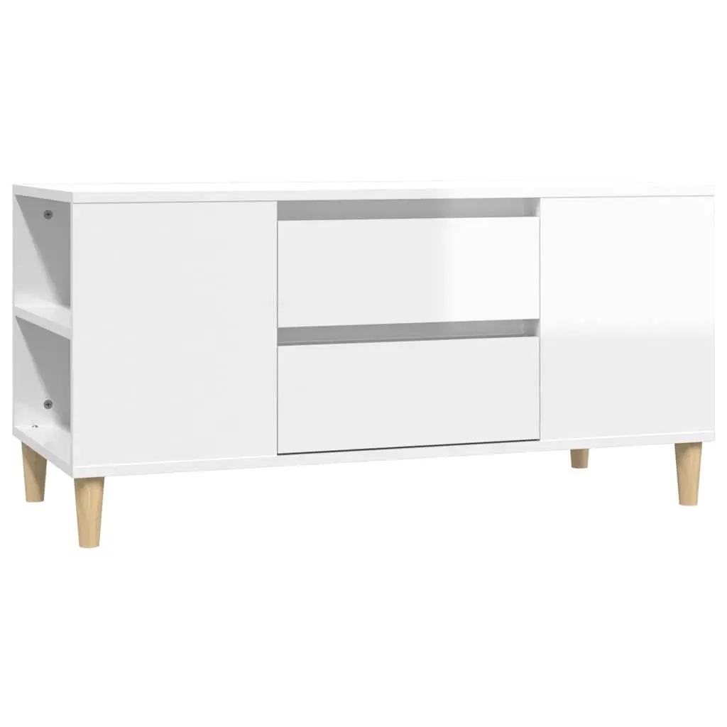 TV Cabinet Engineered Wood 102 x 44.5 x 50 cm White High Gloss Modern Storage Unit with Drawers Compartments