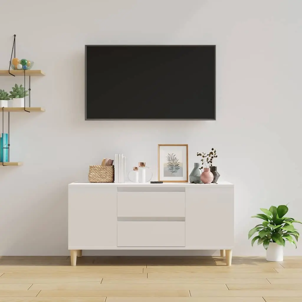 TV Cabinet Engineered Wood 102 x 44.5 x 50 cm White High Gloss Modern Storage Unit with Drawers Compartments
