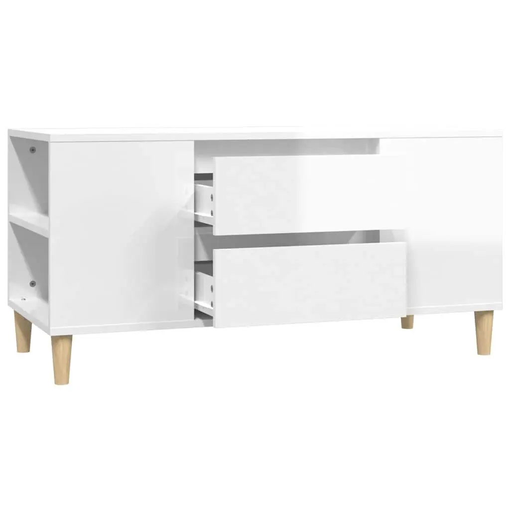 TV Cabinet Engineered Wood 102 x 44.5 x 50 cm White High Gloss Modern Storage Unit with Drawers Compartments
