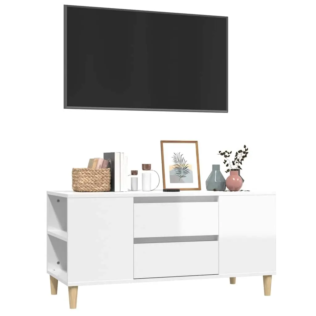 TV Cabinet Engineered Wood 102 x 44.5 x 50 cm White High Gloss Modern Storage Unit with Drawers Compartments