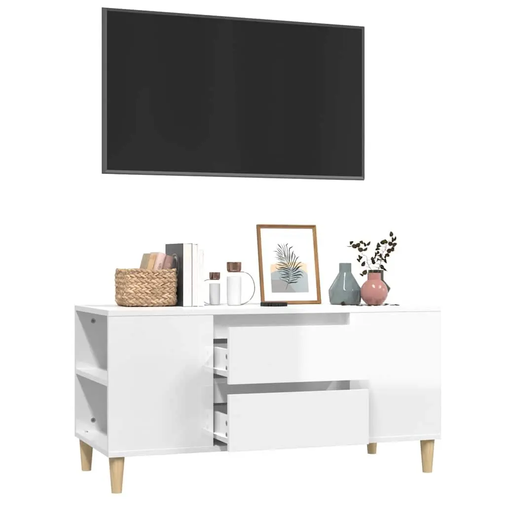 TV Cabinet Engineered Wood 102 x 44.5 x 50 cm White High Gloss Modern Storage Unit with Drawers Compartments