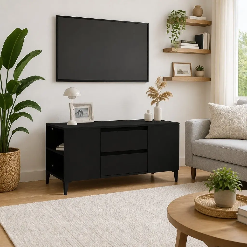 TV Cabinet Engineered Wood 102x44.5x50 cm Black Storage Unit with Drawers
