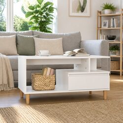 Coffee Table White 90x49x45 cm with Drawer Storage Compartments Engineered Wood