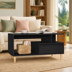 Coffee Table Black Engineered Wood with Drawer Storage Compartments Living Room