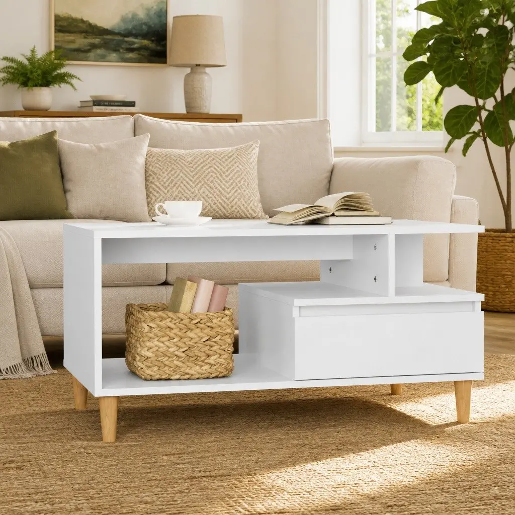 Coffee Table Engineered Wood 90 x 49 x 45 cm High Gloss White Open Shelves Drawer Storage