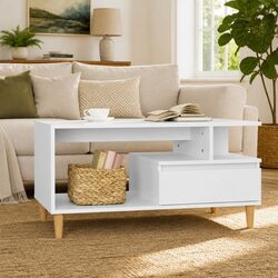 Coffee Table High Gloss White Open Shelves Drawer Storage Engineered Wood Side