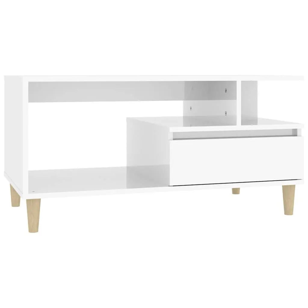 Coffee Table Engineered Wood 90 x 49 x 45 cm High Gloss White Open Shelves Drawer Storage