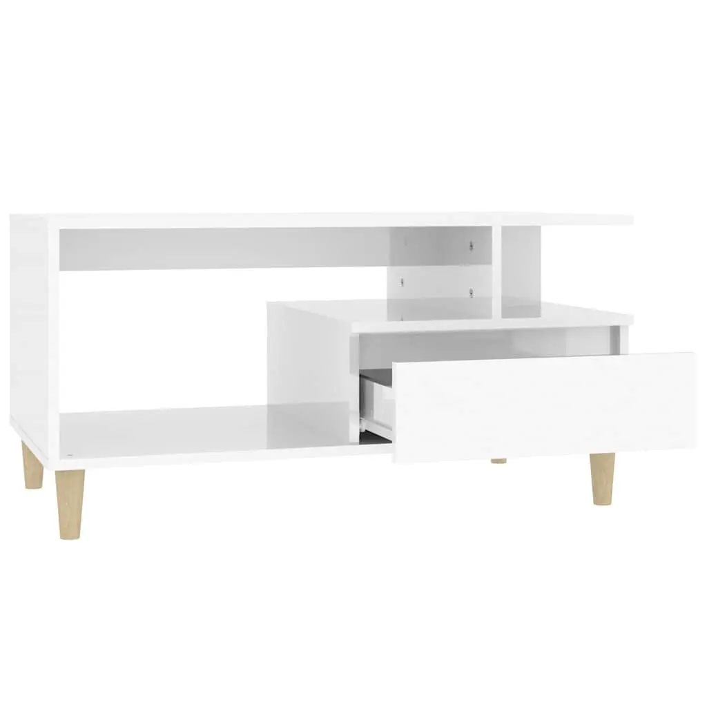 Coffee Table Engineered Wood 90 x 49 x 45 cm High Gloss White Open Shelves Drawer Storage