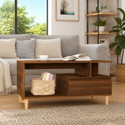 Coffee Table Brown Oak Open Compartment Storage Drawer Living Room Accent