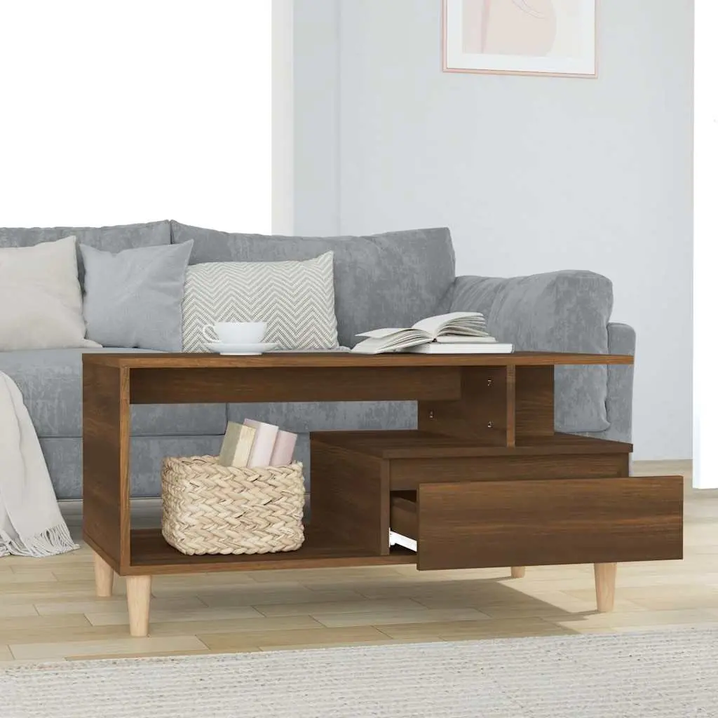 Brown Oak Coffee Table with Open Storage and Drawer