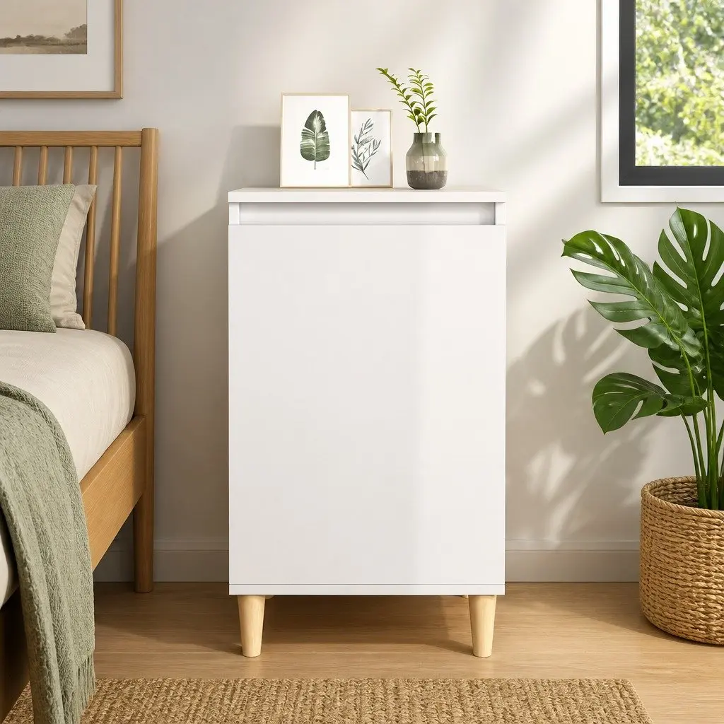 High Gloss White Bedside Cabinet with Wooden Legs